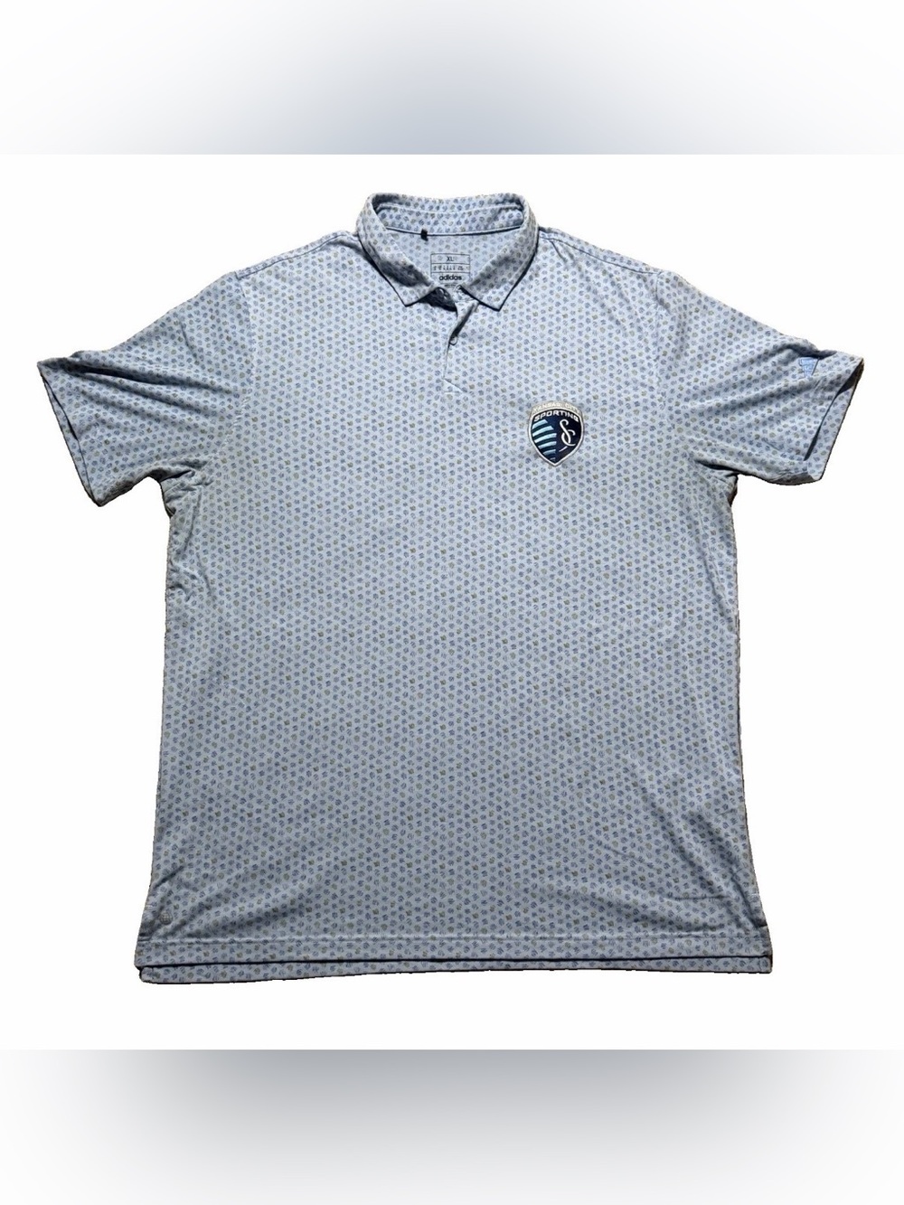 Adidas Sporting Kansas City Men’s XL Logo Blue Pattern Polo Shirt MLS Soccer KC